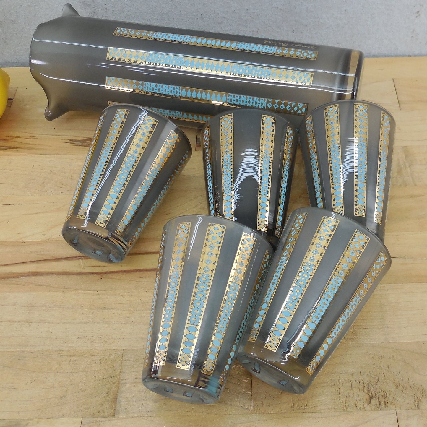 Georges Briard Smoked Glass Cocktail Pitcher Set 22K Gold Aqua Geometric