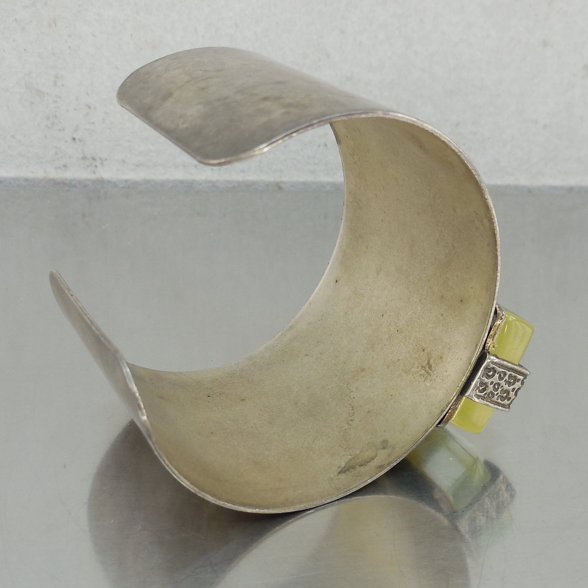 Tribal Cuff Bracelet Yellow Backed Glass Rectangle Stone Pseudo Silver