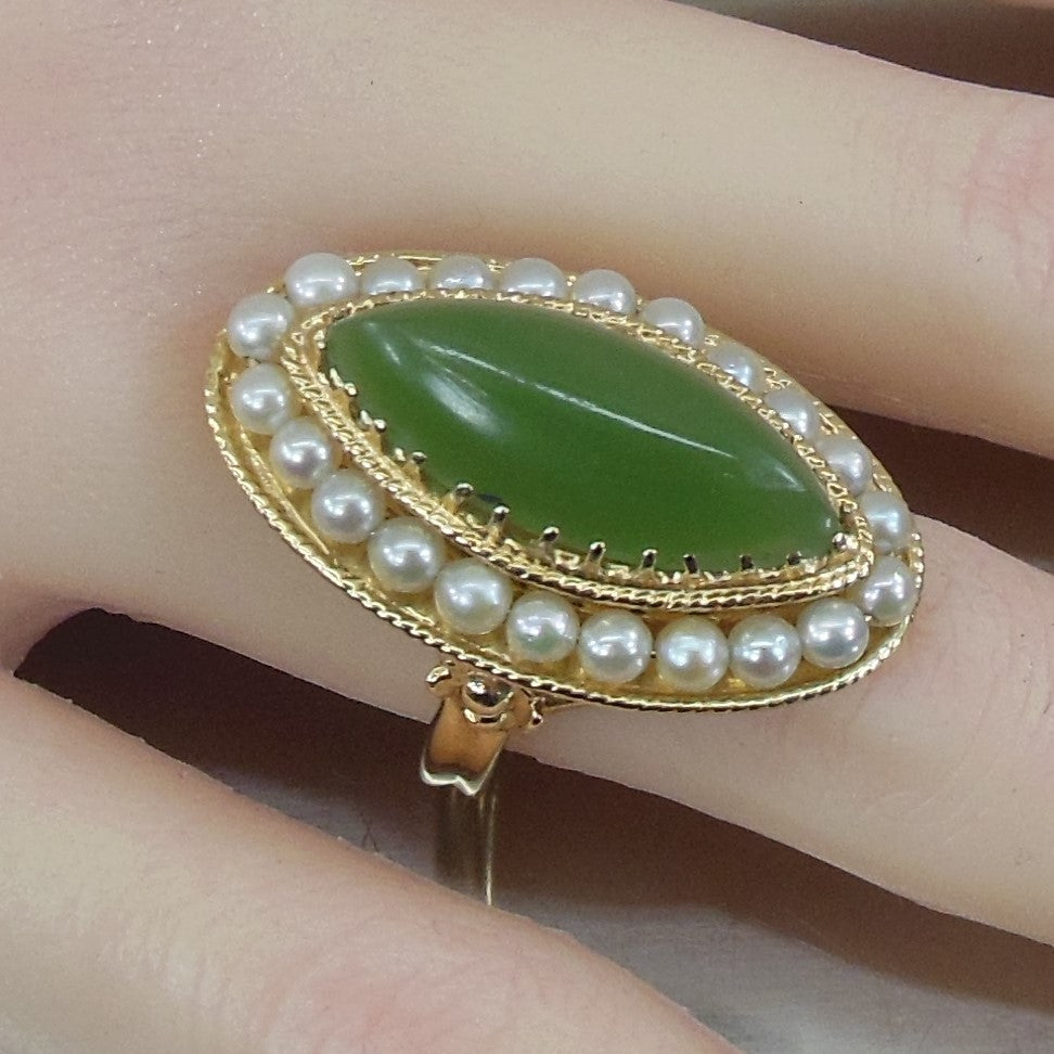 Estate Women's Ring 14K Yellow Gold Seed Pearl & Jade Size 6.25