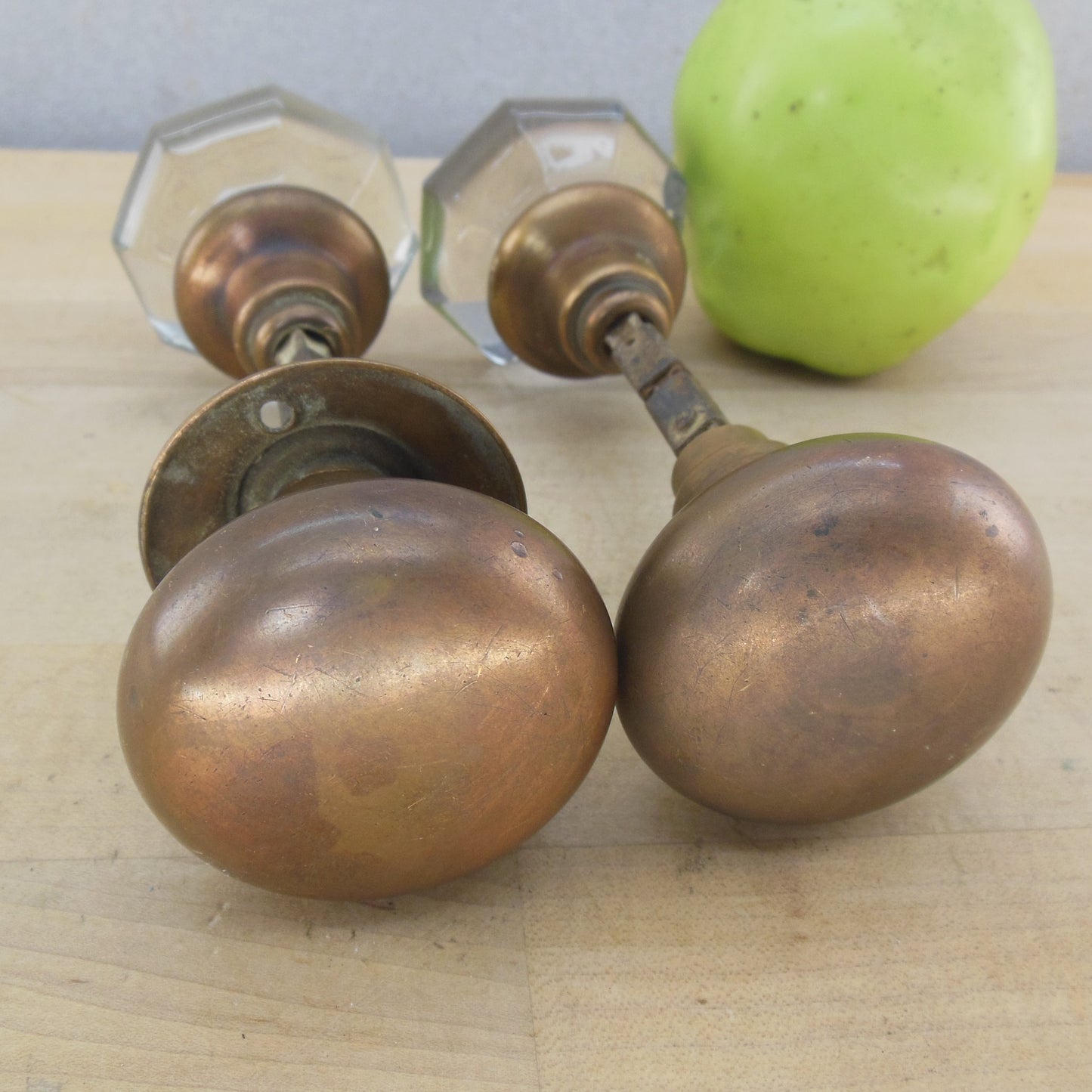 Pair Antique Bronze/Brass & Crystal Glass Door Knob Sets - 1 Rosette Used