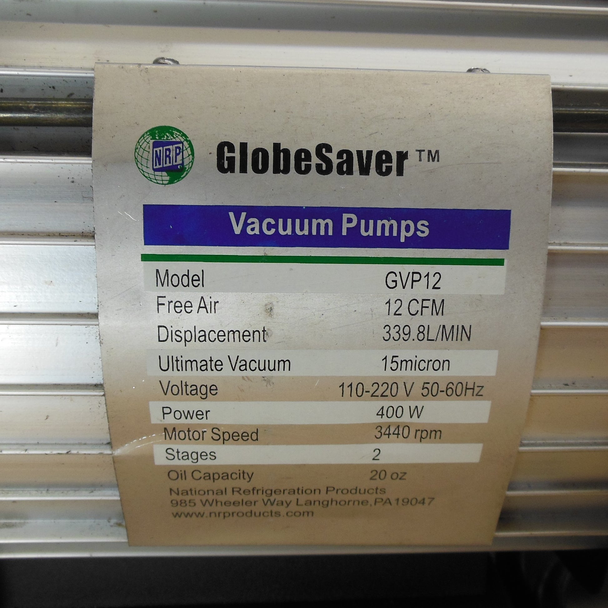 NRP Globesaver Refrigerant Vacuum Pump GVP12 Specification tag