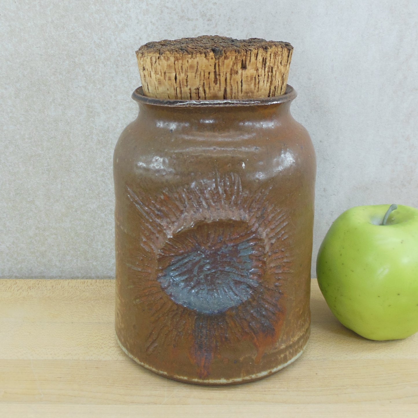 Harry 1978 Signed Stoneware Pottery Jar Cork Stopper Sunburst Crater