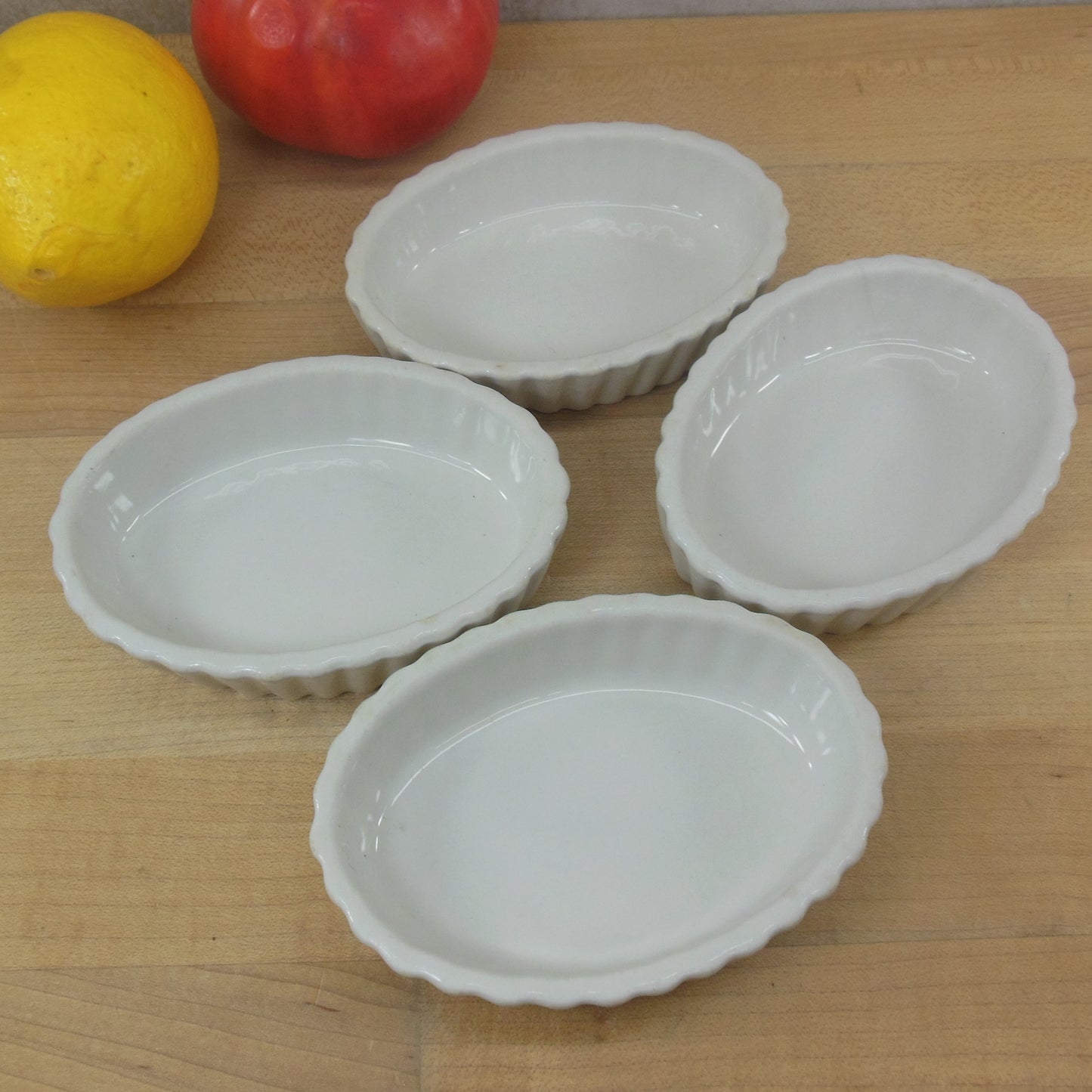 Hall China #851 White 3 Oz. Fluted Au Gratin Dishes Oval Ramekin 4 Set 