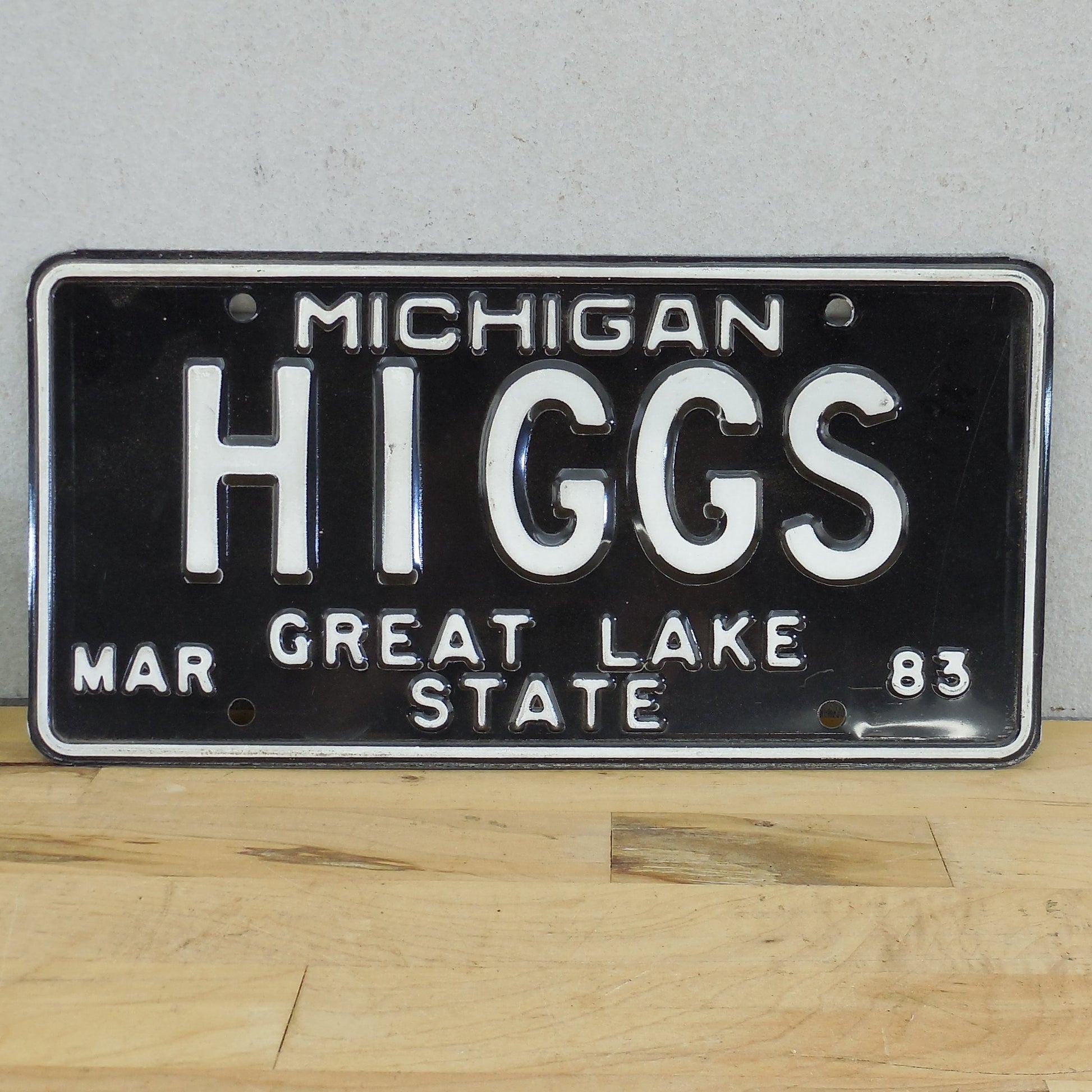 Michigan 1983 HIGGS License Plate Tag Black White Vanity