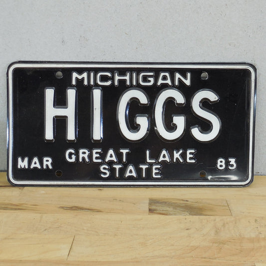 Michigan 1983 HIGGS License Plate Tag Black White Vanity