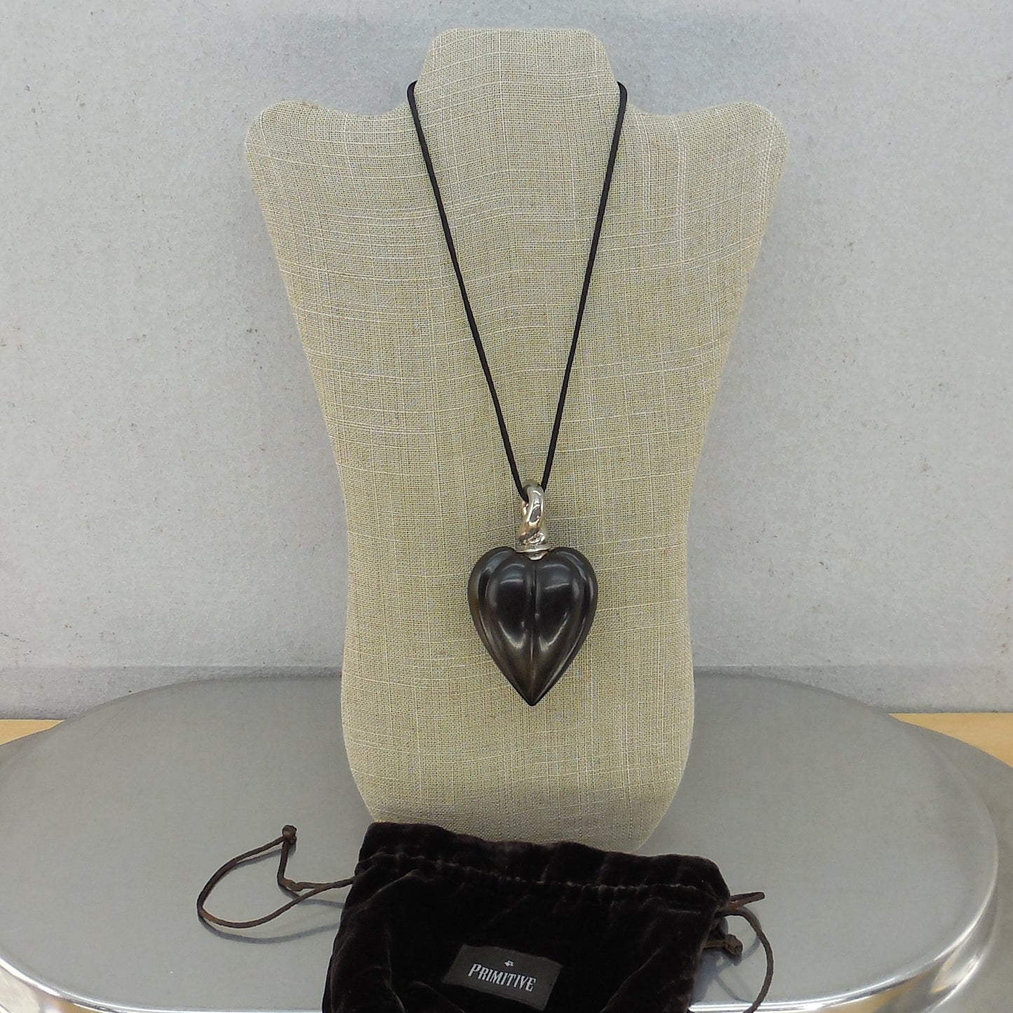 Signed Sterling Silver Bale Large Carved Wood Puffy Heart Pendant Necklace