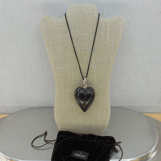 Signed Sterling Silver Bale Large Carved Wood Puffy Heart Pendant Necklace