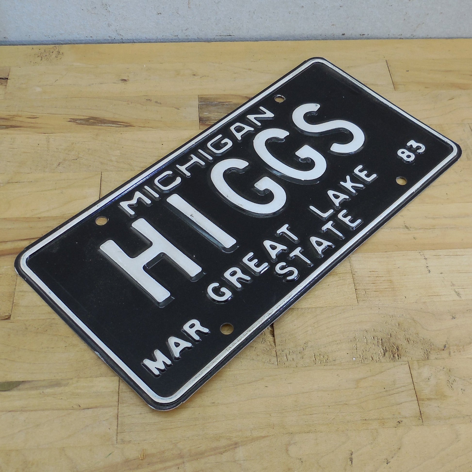 Michigan 1983 HIGGS License Plate Tag Black White Vanity