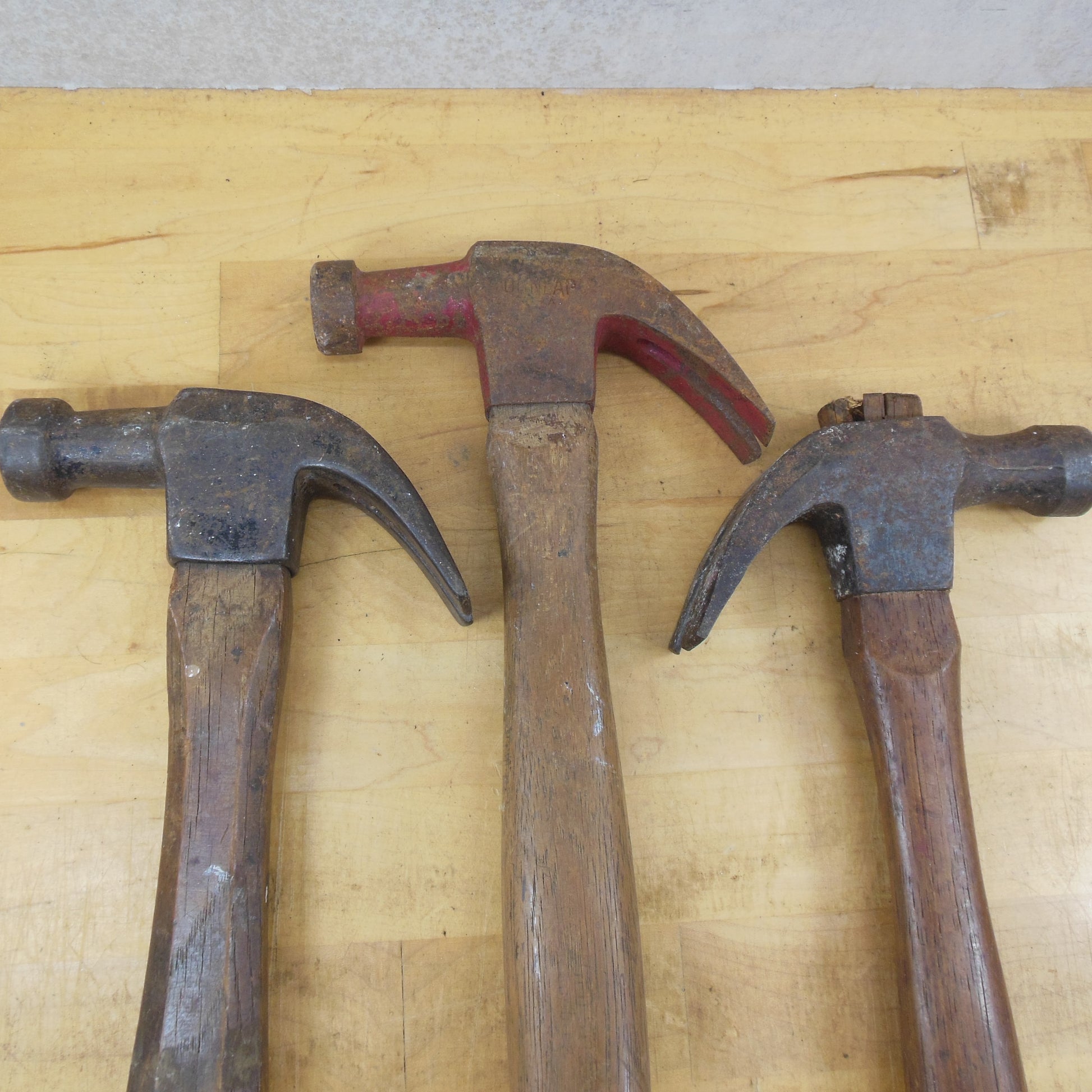 Estate 3 Lot Wood Handle Curved Claw Hammers - Dunlop & Other vintage