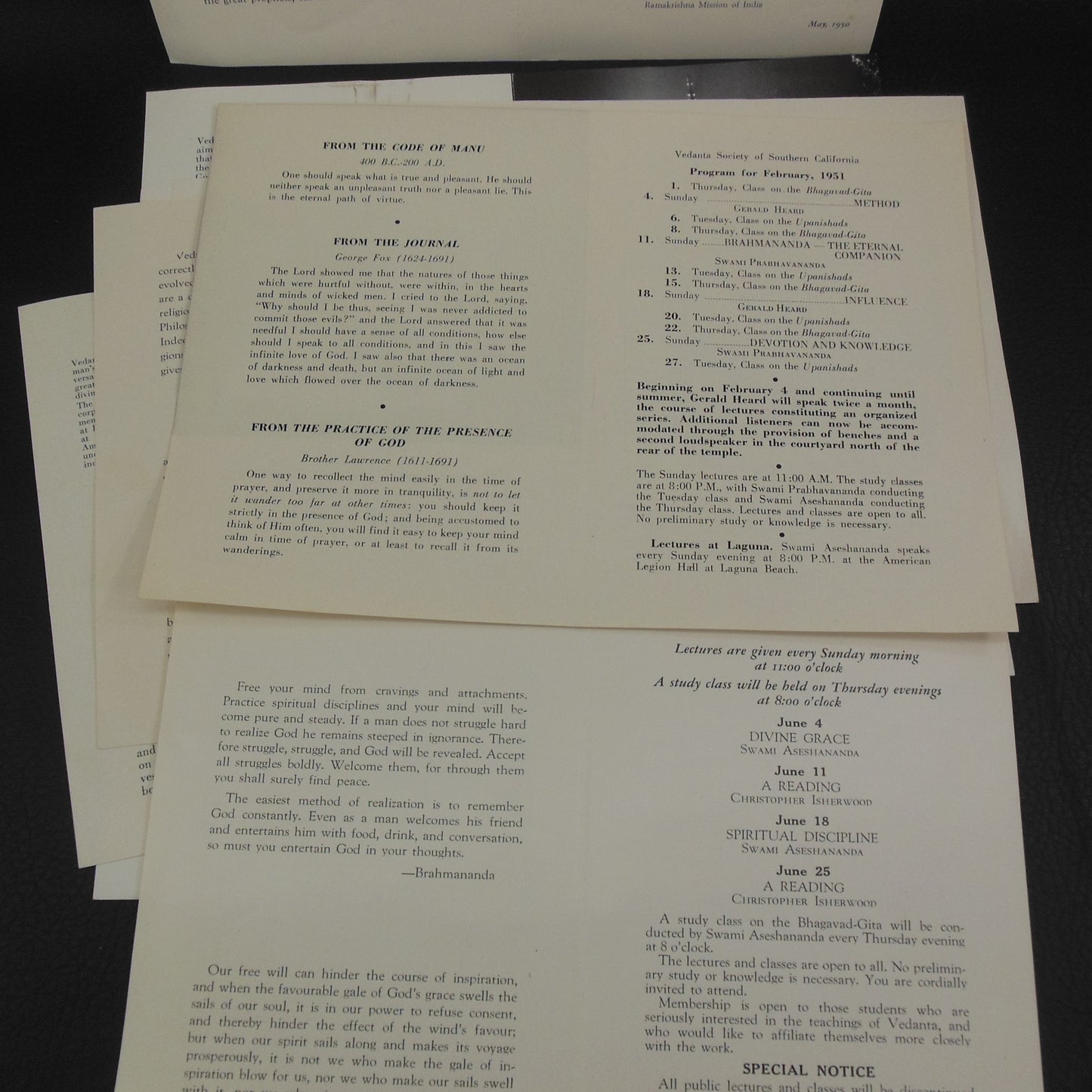 Vedanta Society of Southern California 11 Program Booklets 1950 1951 vintage Swami Prabhavanada Aseshananda