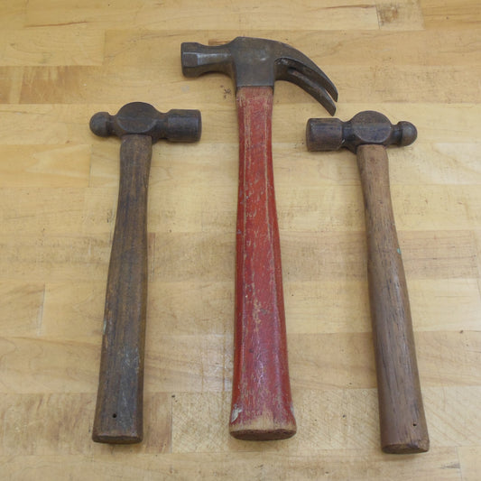 Estate 3 Lot Wood Handle Claw & Ball Peen Hammers