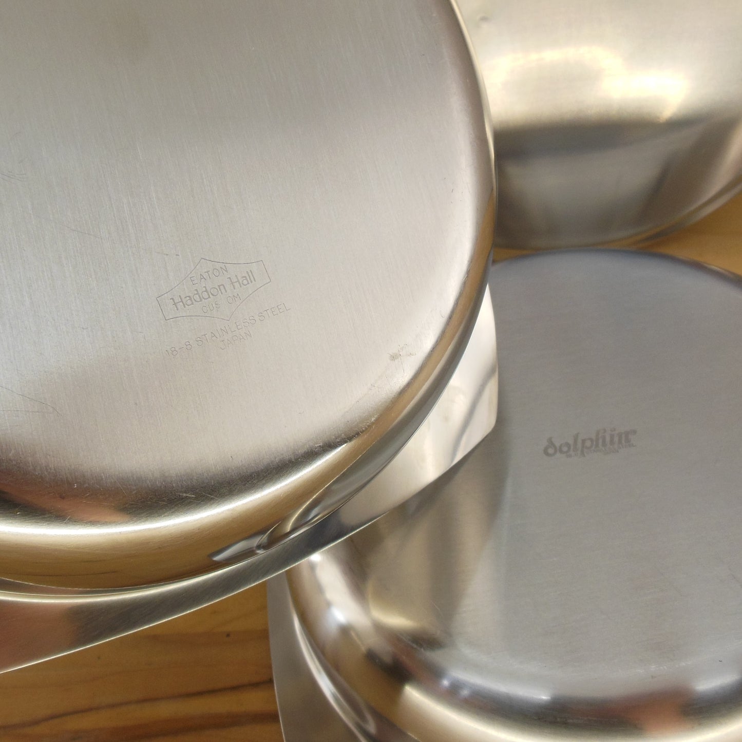 Dolphin & Haddon Hall Modernist Stainless Covered Serve Bowls Signed Japan