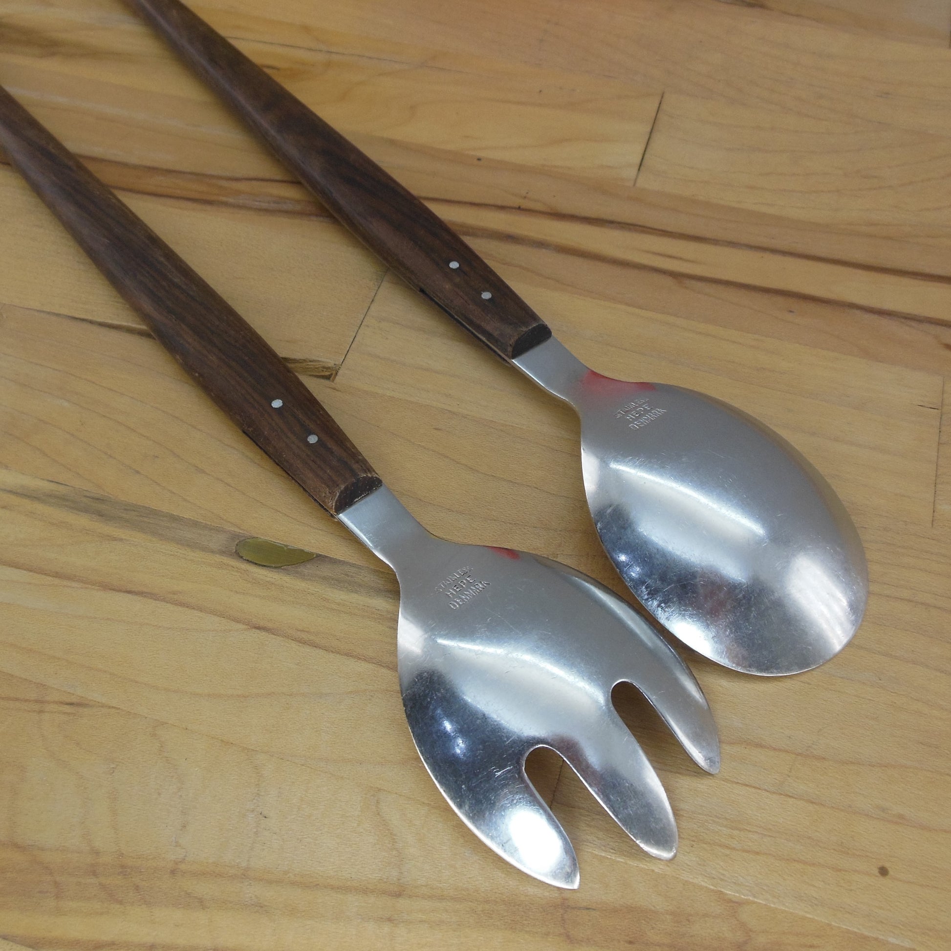 HEPE Denmark Stainless Teak 12.5" Salad Server Set Fork Spoon Used