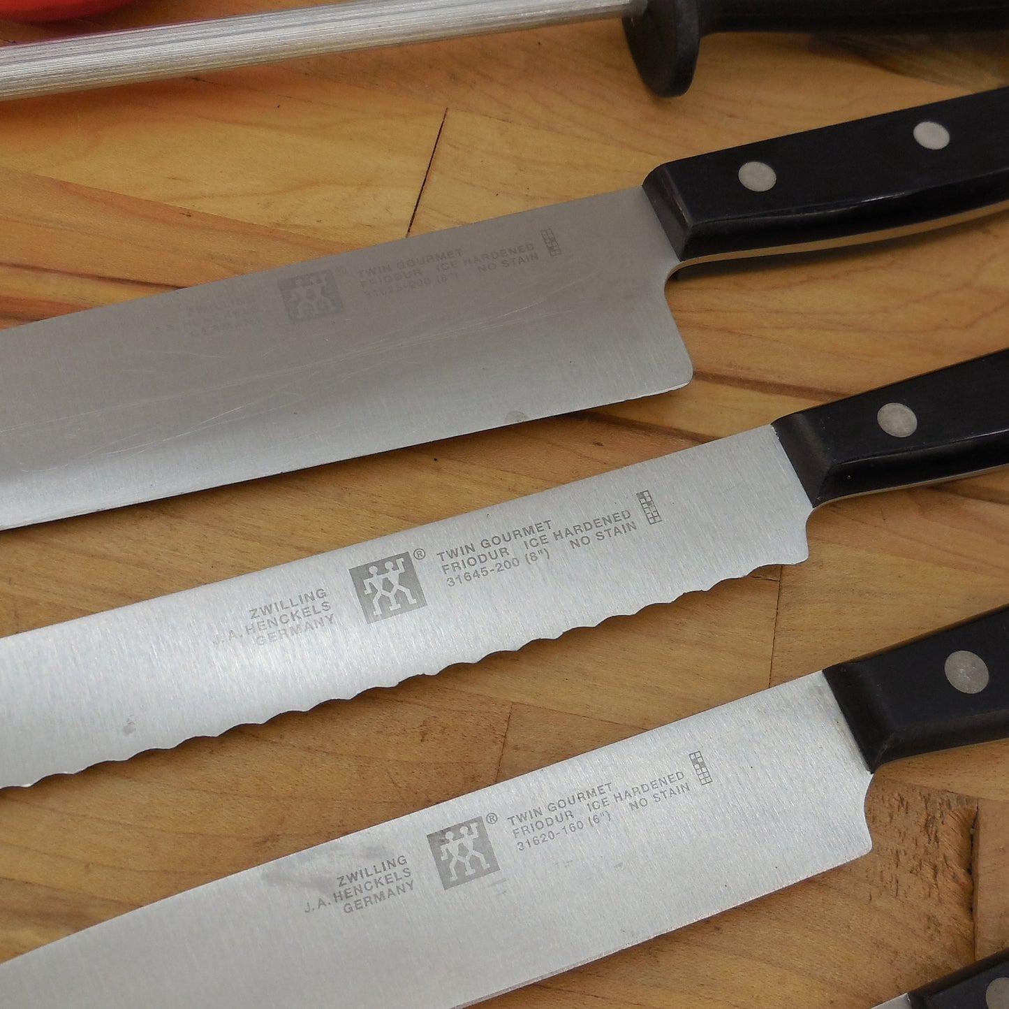 J. A. Henckels Germany Stainless 4 Knife Set & Hone Ice Hardened 316 Series Used
