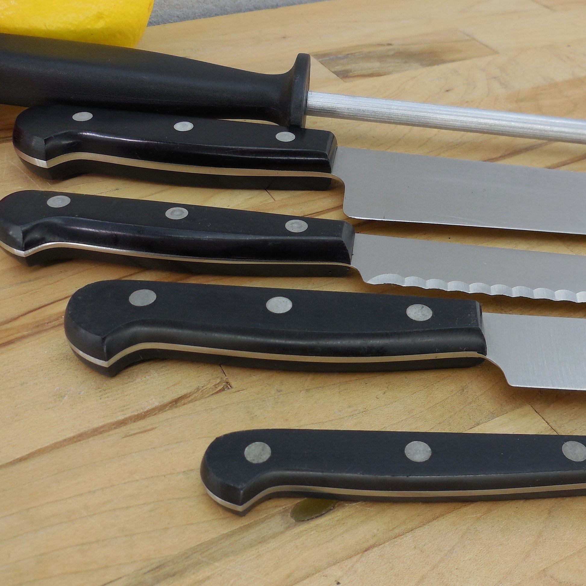 J. A. Henckels Germany Stainless 4 Knife Set & Hone Ice Hardened 316 Series Black Handle