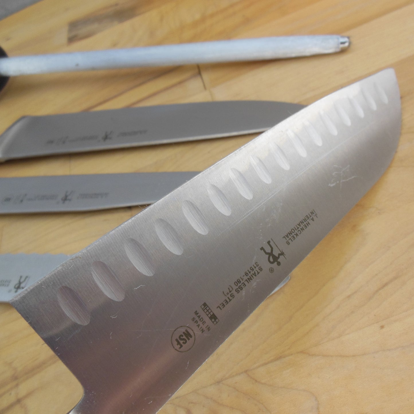 J.A. Henckels Spain 6 Set Stainless Kitchen Knives - Santoku Bread Utility Chef used
