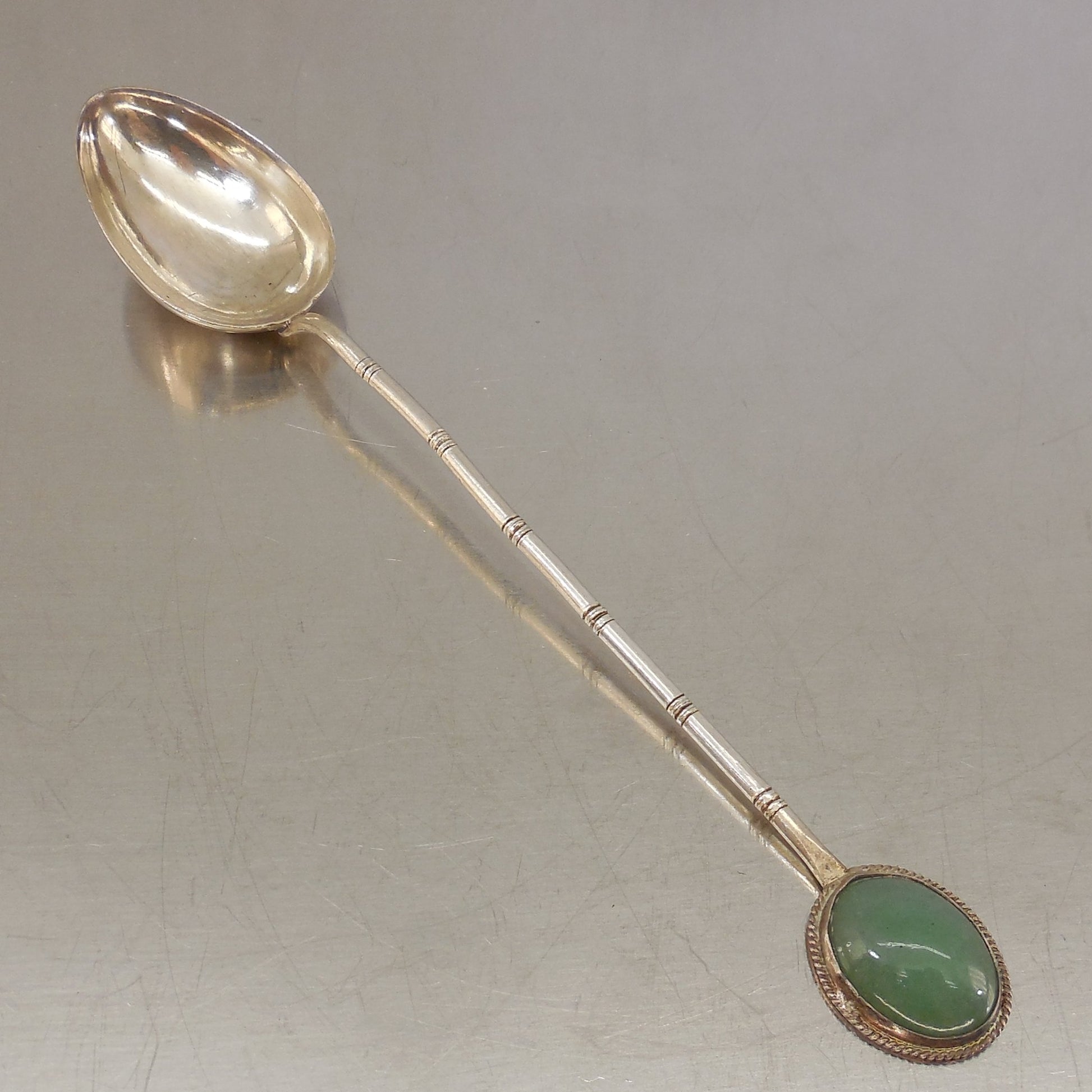 Chinese Sterling Silver Jade Cabochon Demitasse Spoon Bamboo 5"