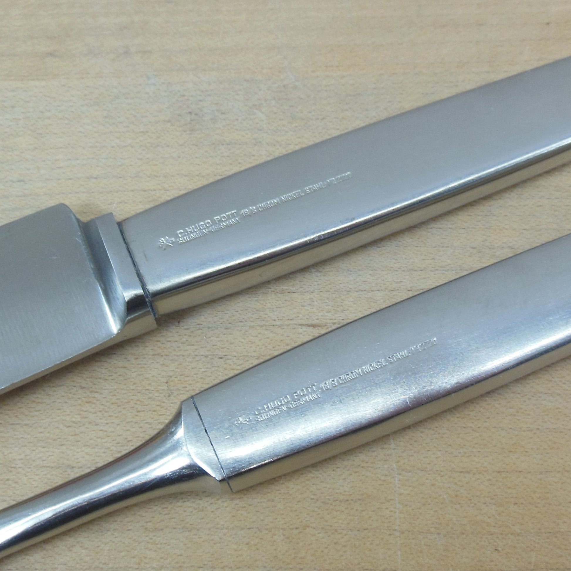 C. Hugo Pott Solingen Germany 2720 Stainless Carving Fork Knife Set Used