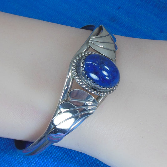 Harry Spencer Navajo Sterling Silver Wings Lapis Cabochon Cuff Bracelet