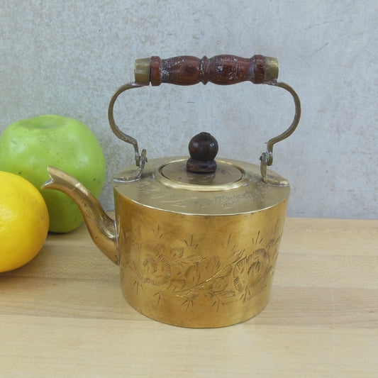 Small Brass India Teapot Wood Handle Tin Lined Incised Floral