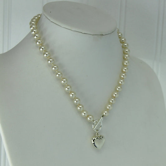 Single Strand Faux Pearl Necklace Silver Heart Bar Closure