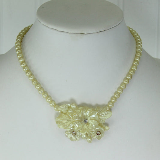 Vintage Necklace Molded Floral Bouquet Pearlized Ivory Rhinestone Centers