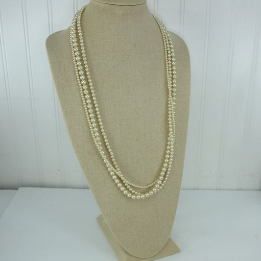 Luminous Long 3 Strand Pearl Necklace Graduated Sizes 32"