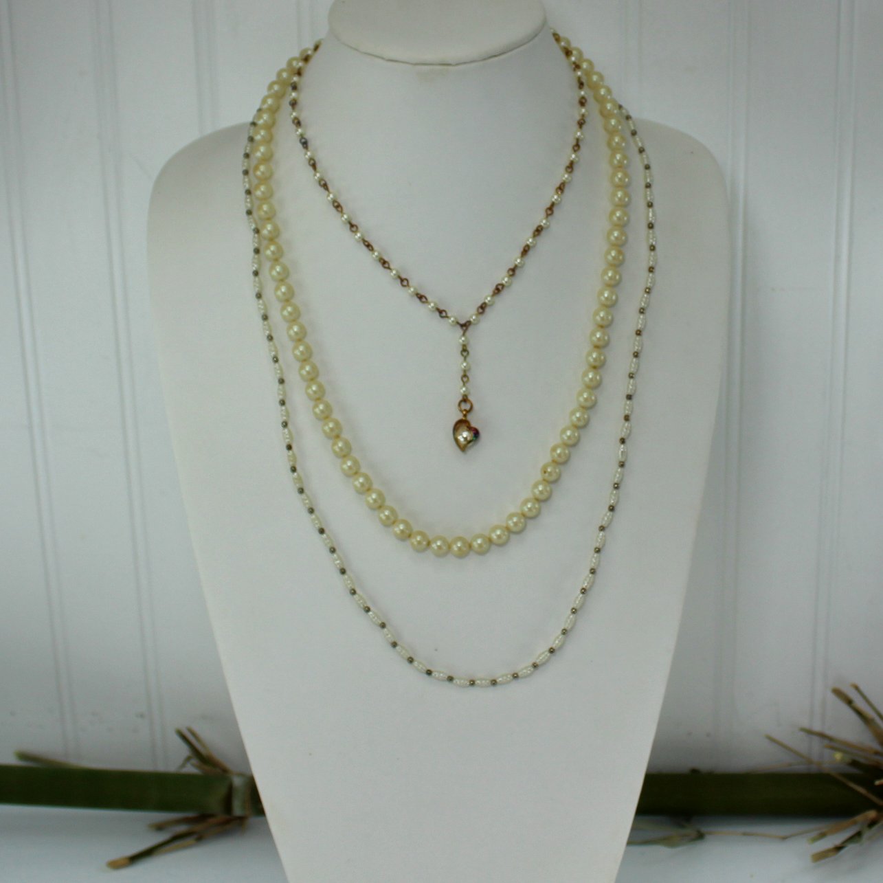 Pearl 3 Stacking Necklaces Collection Heart in Pearl Classic Strand Tiny Faux