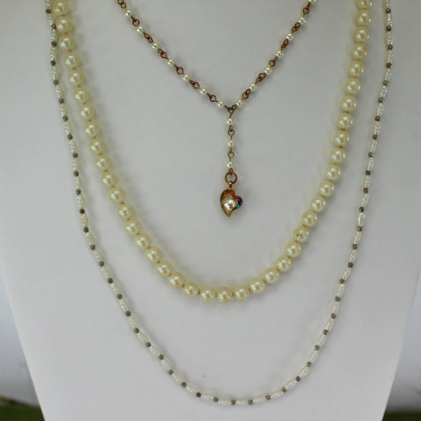 Pearl 3 Stacking Necklaces Collection Heart in Pearl Classic Strand Tiny Faux close view