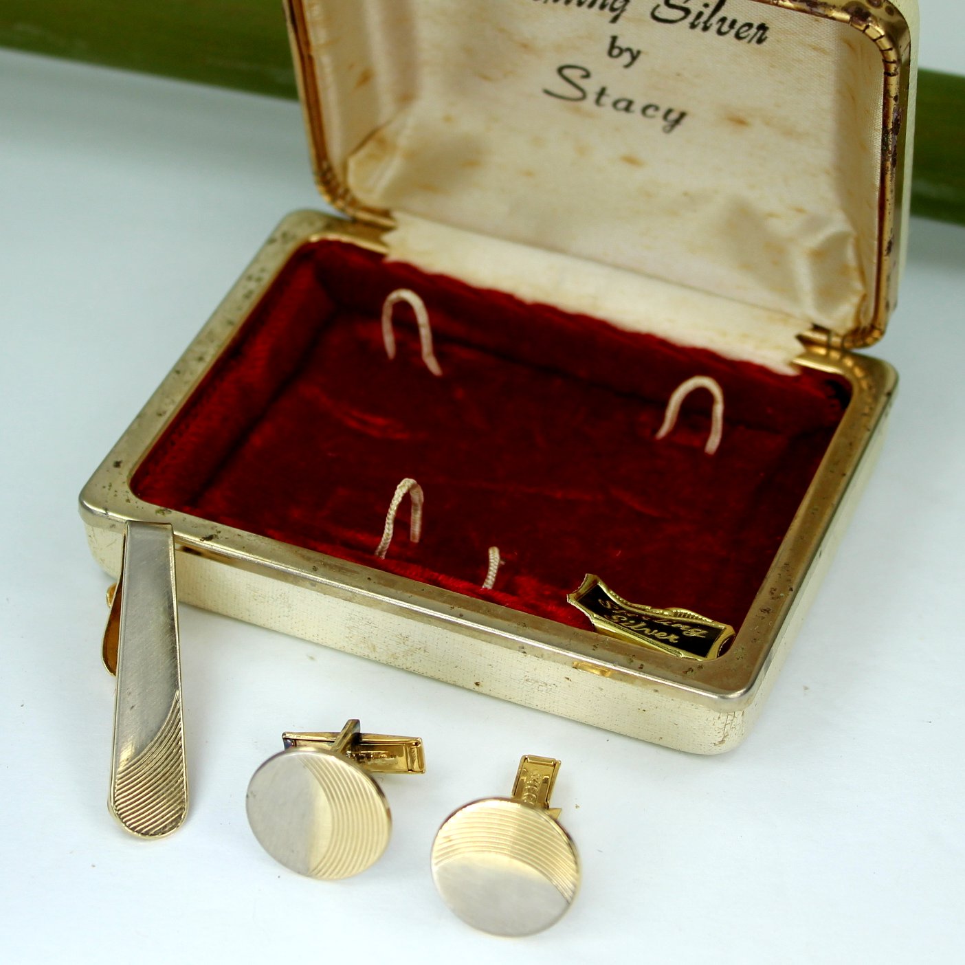 Stacy Sterling Tie Bar Cuff Links Set 1960s Original Box minor show of wear jewelry