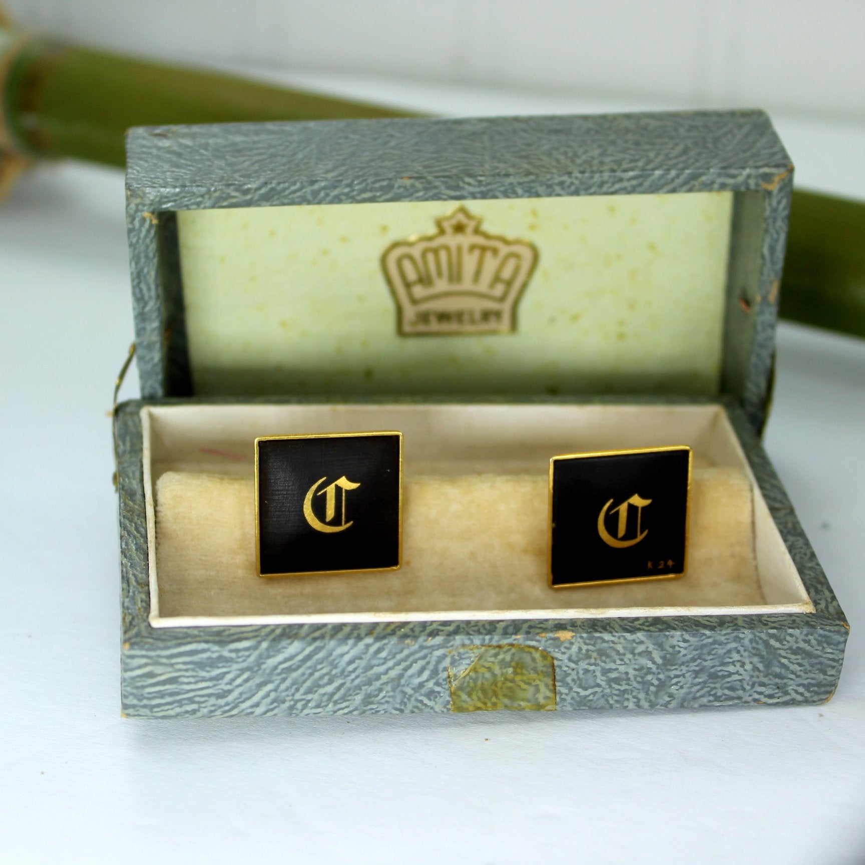 Amita Damascene Cuff Links 1960s Black 24K Original Box in box view