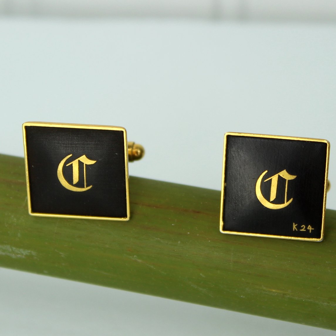 Amita Damascene Cuff Links 1960s Black 24K Original Box pagoda design