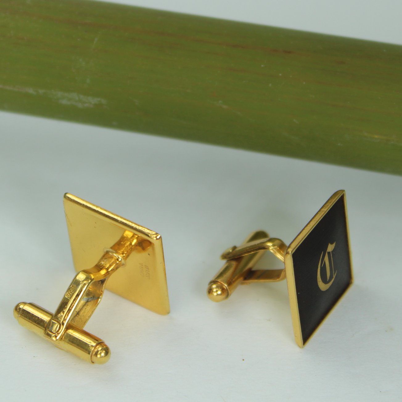 Amita Damascene Cuff Links 1960s Black 24K Original Box back side view