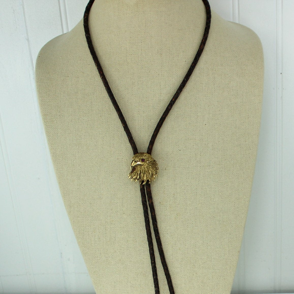 Vintage Bolo Tie Eagle Head Prong Set Crystal Eye Leather Tie Estate neck view bolo tie