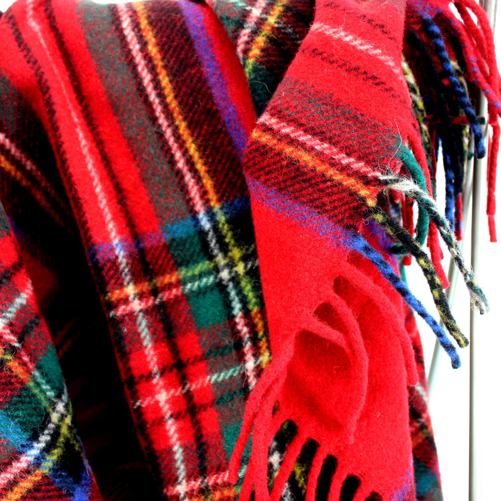 Classic Wool Throw Blanket Red Plaid Made Romania Heavy Dense close view fabric