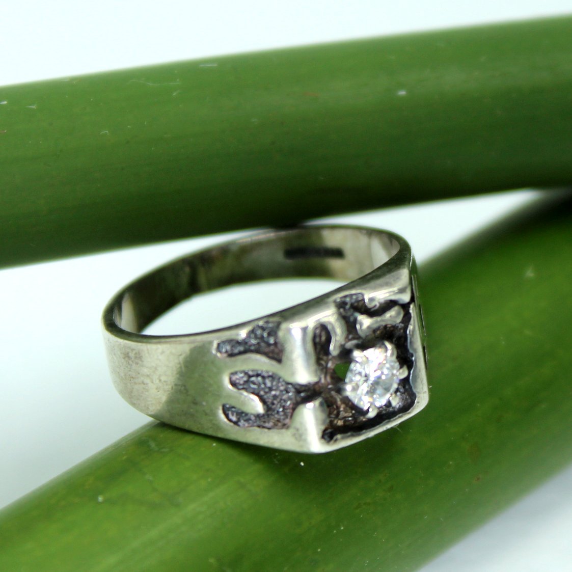 Sterling CZ Ring Prong Set OOAK Vintage Artisan Marked side view symbols