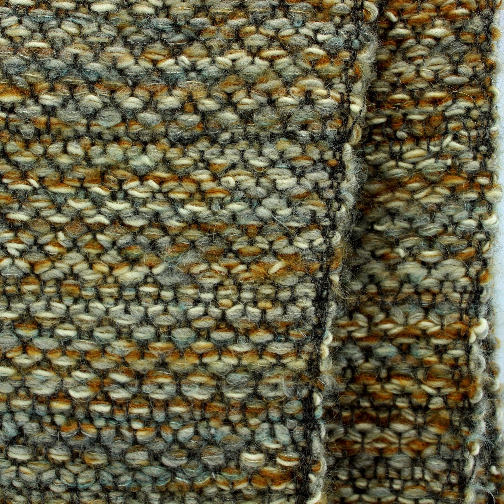 Wool Hand Loomed Rug Cream Grey Caramel Colors Estate Unused closeup of nap