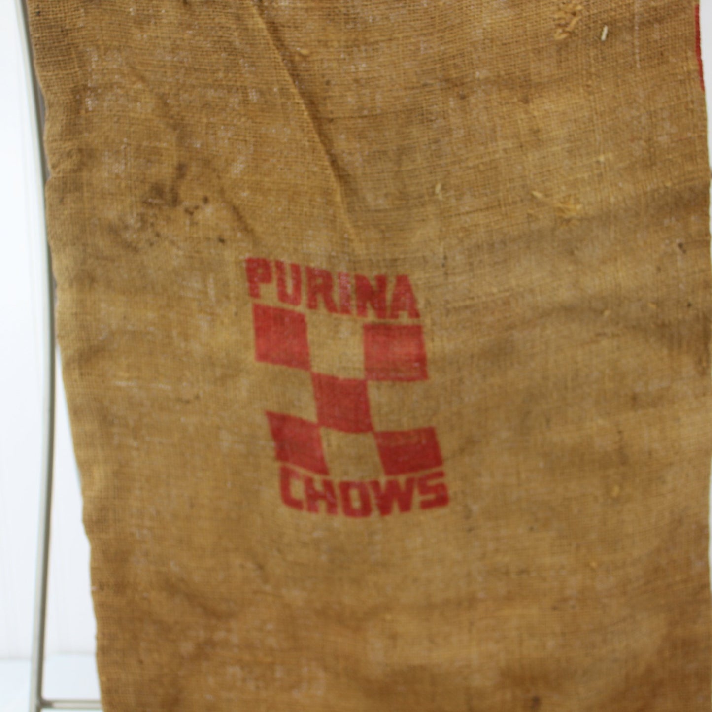 Purina Vintage Poultry Chows Burlap Feed Bag 50# Size closeup reverse sack