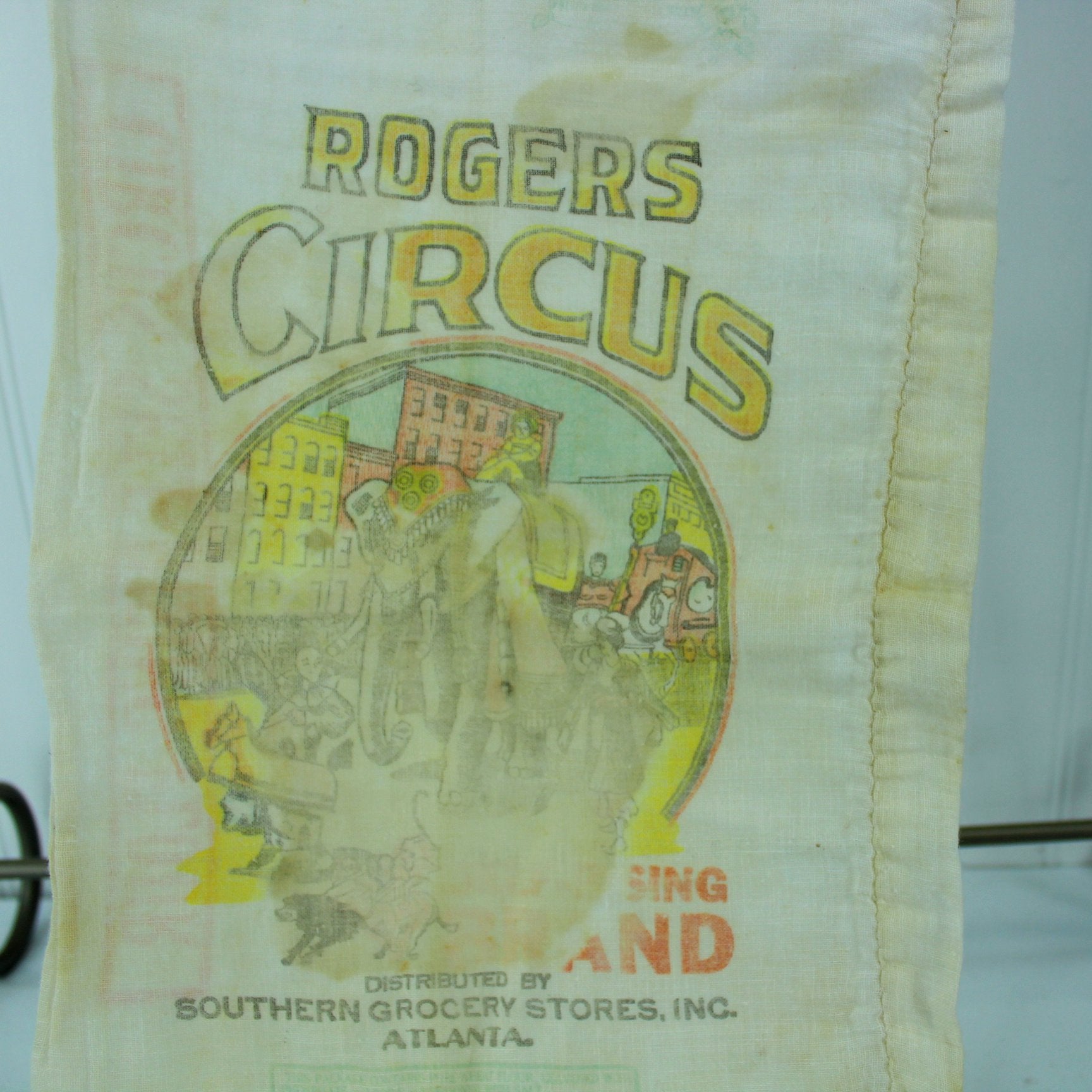 Vintage Rogers Circus Flour Bag Sack Southern Grocery Stores Atlanta 12# Size closeup elephant buildings