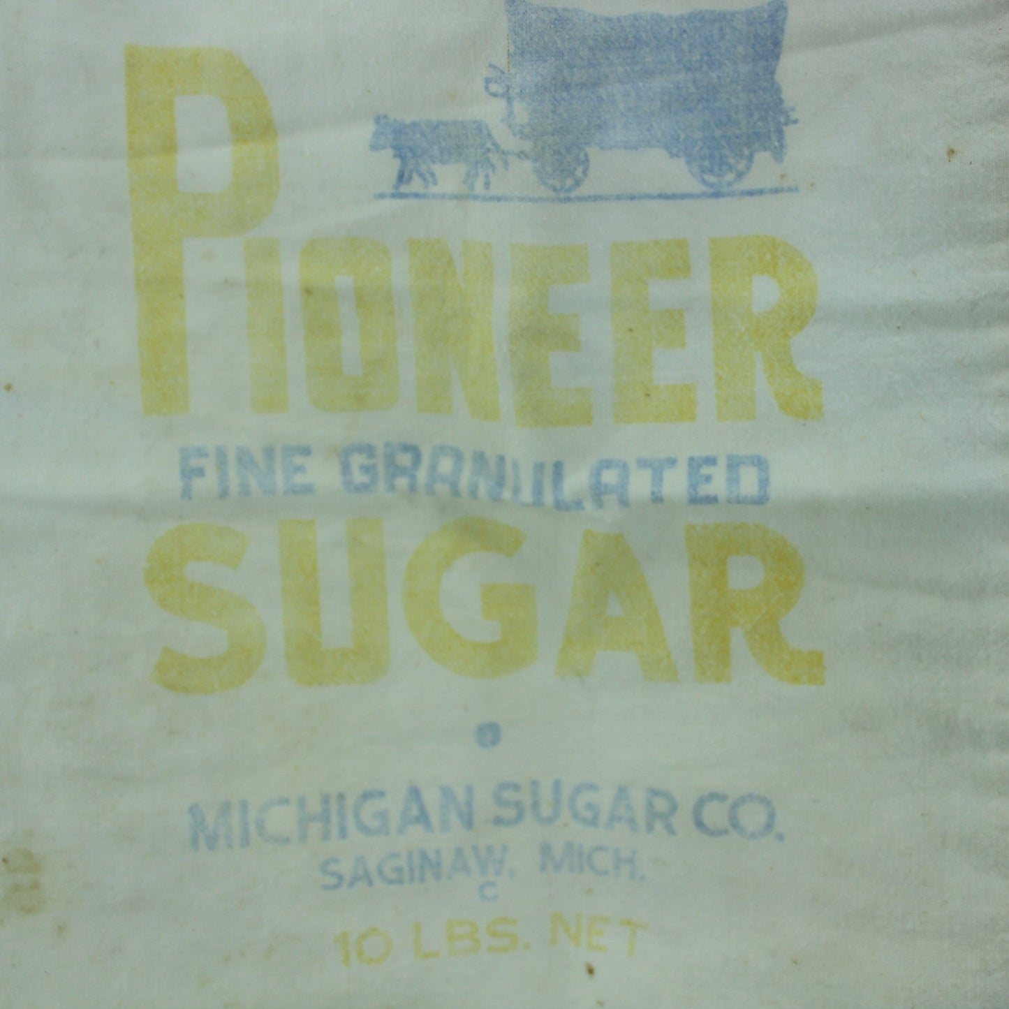 Vintage Pioneer Sugar Bag Sack Covered Wagon 10# Chippewa Salt 5# Adv. Collectibles closeup sugar bag