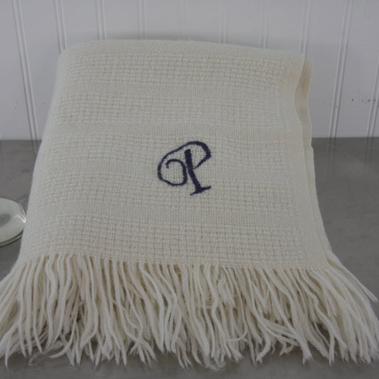 Vintage Faribo Wool/Acrylic Fringed Throw Ivory w/Initial "P" 46 X 50