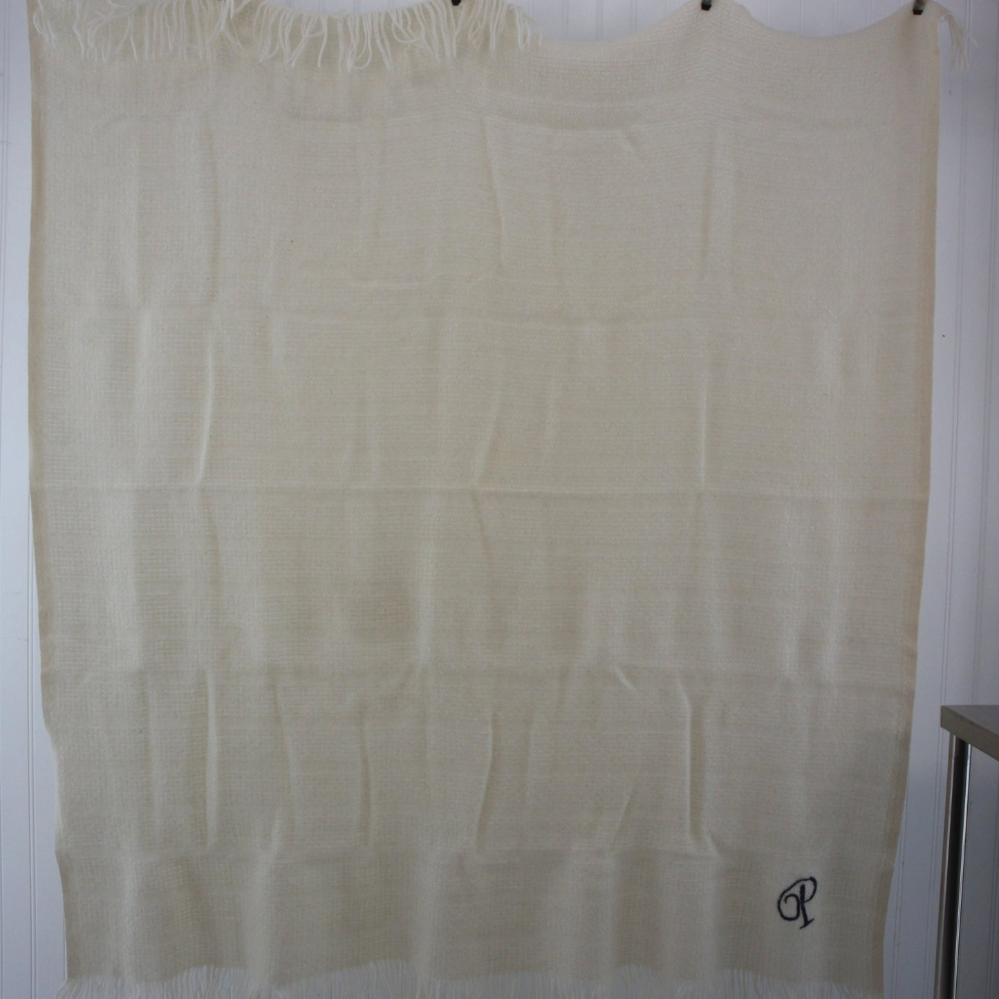 Vintage Faribo Wool/Acrylic Fringed Throw Ivory w/Initial "P" 46 X 50