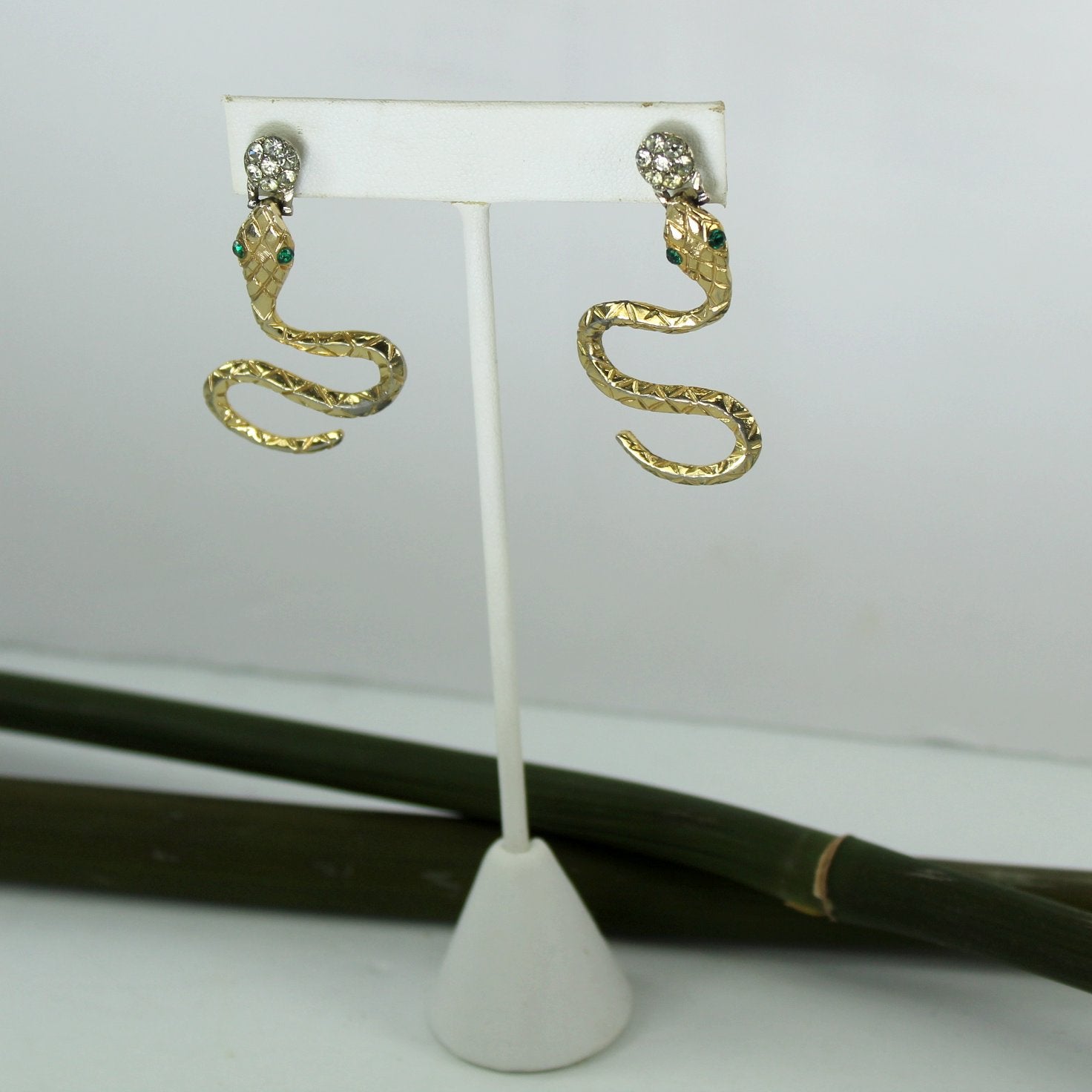 Serpent Snake Post Earrings Costume Glitzy Rhinestones Egyptian Revival