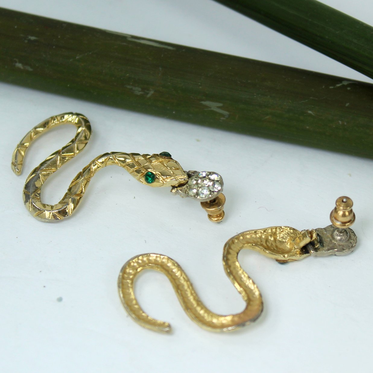 Serpent Snake Post Earrings Costume Glitzy Rhinestones Egyptian Revival showing reverse and  syrvace kiss