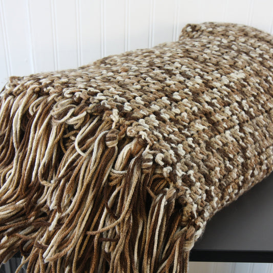 Hand Made Fringed Throw Variegated Brown Ivory Colored Yarn 46 X 72