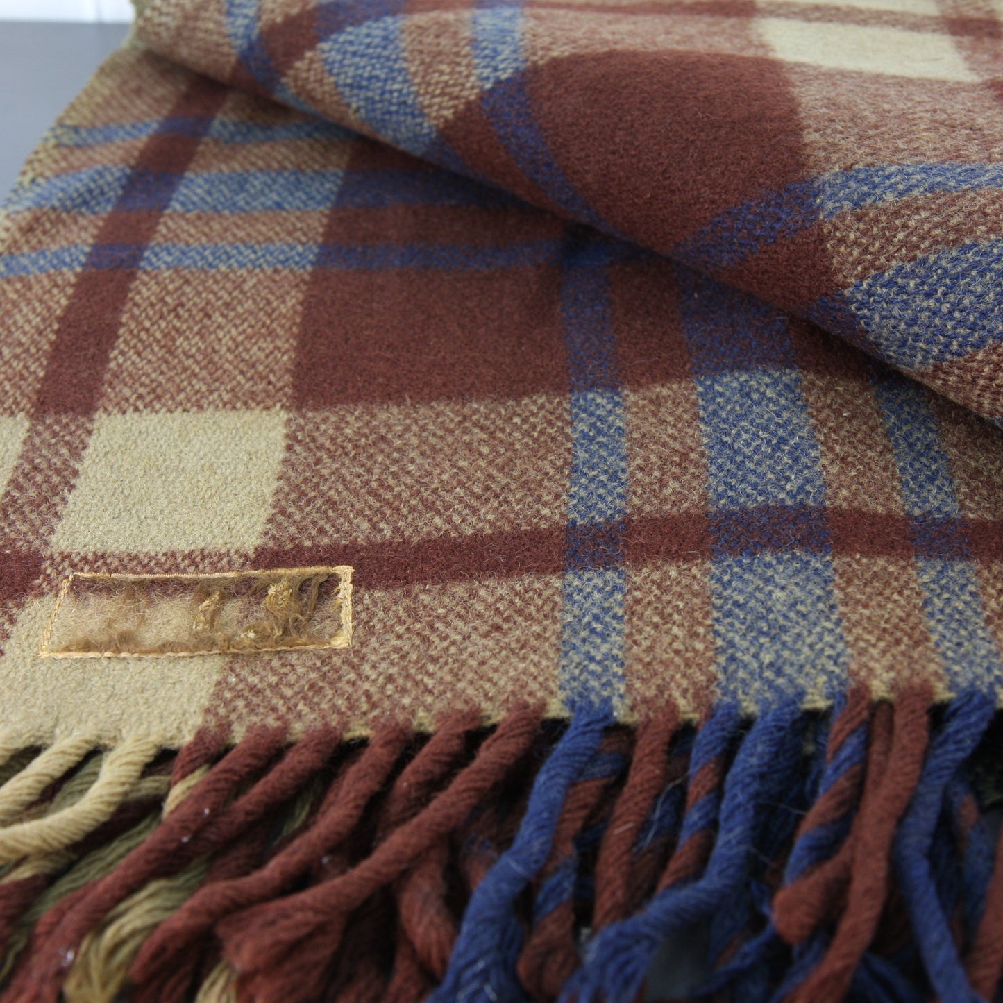 Unlabeled Wool Brown Plaid Fringed Throw 58 X 64