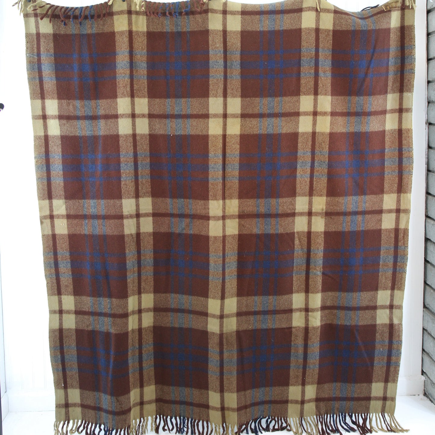 Unlabeled Wool Brown Plaid Fringed Throw 58 X 64