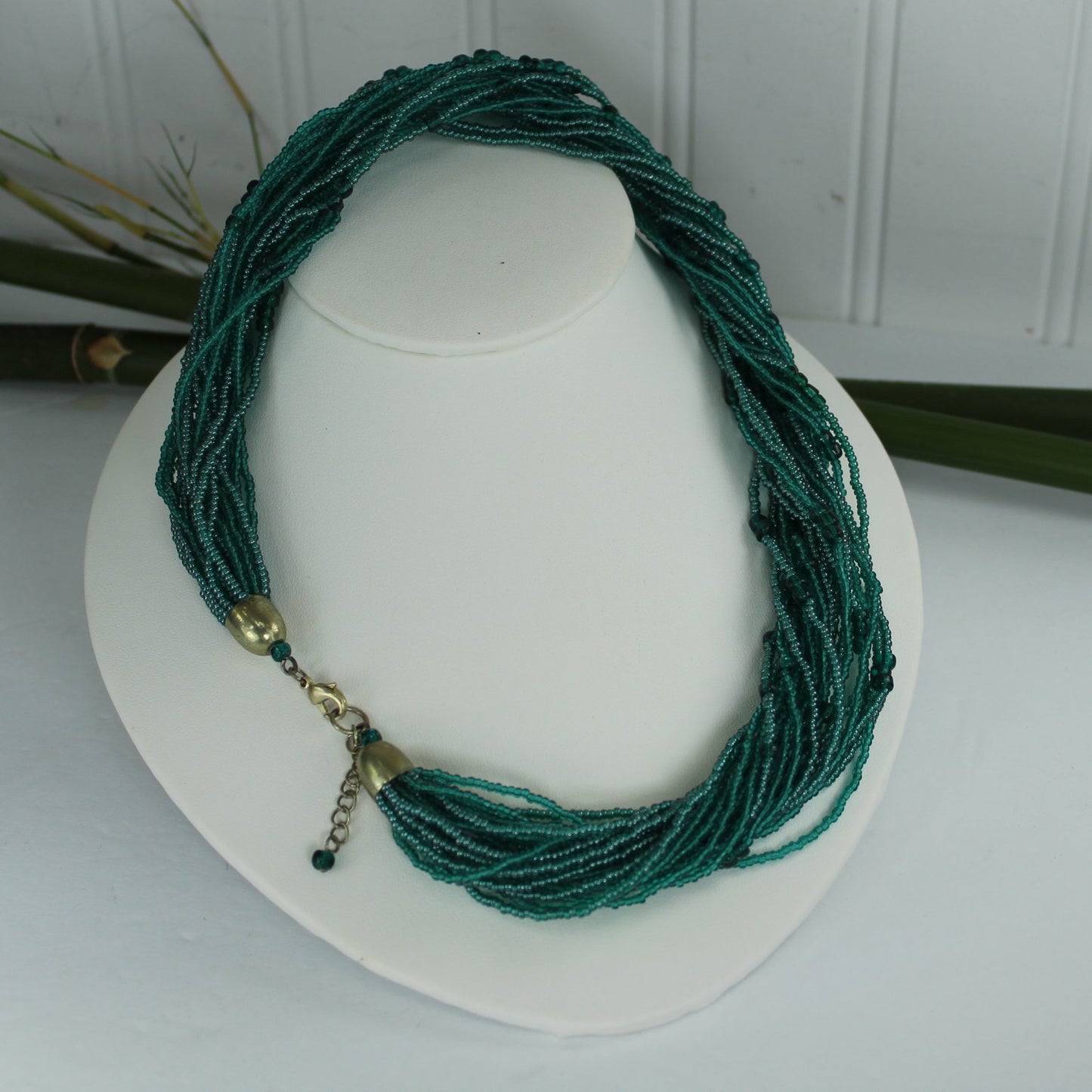 Stunning Teal Iridescent Necklace 24 Strand Tiny Glass Beads close lobster closure
