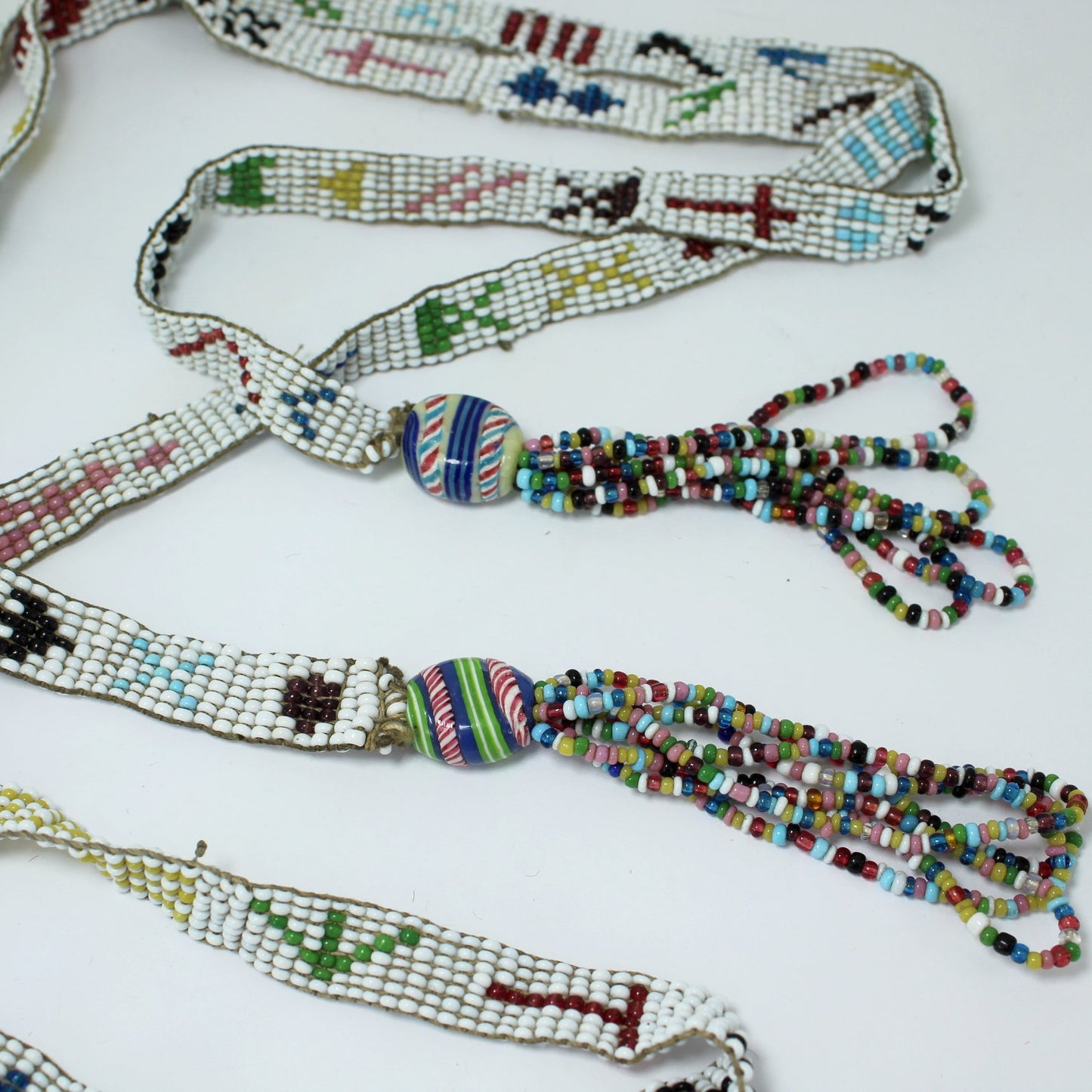 Estate Southwest Native Ceremonial Beaded Tassle Necklace 55" Vintage closeup of beads