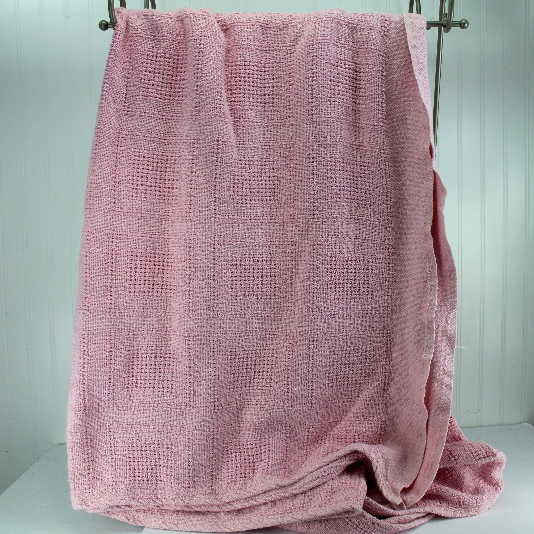 Vintage Large Cotton Blanket Pale Pink Basketweave 90" X 90"  color even